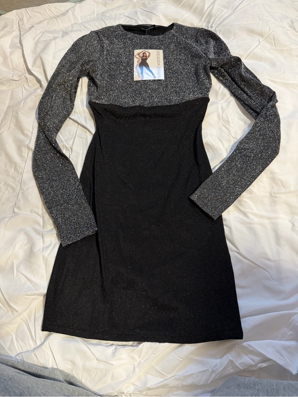 naked wardrobe Metallic Silver & Black Long Sleeve Mini Bodycon Dress